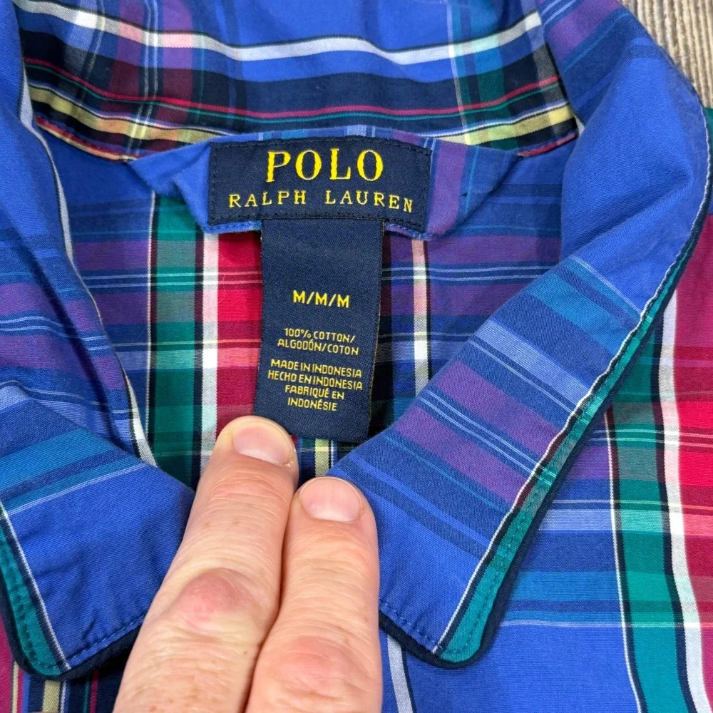 Polo Ralph Lauren Sleep Top Mens Medium Blue Plaid Button Front Cotton Pajama